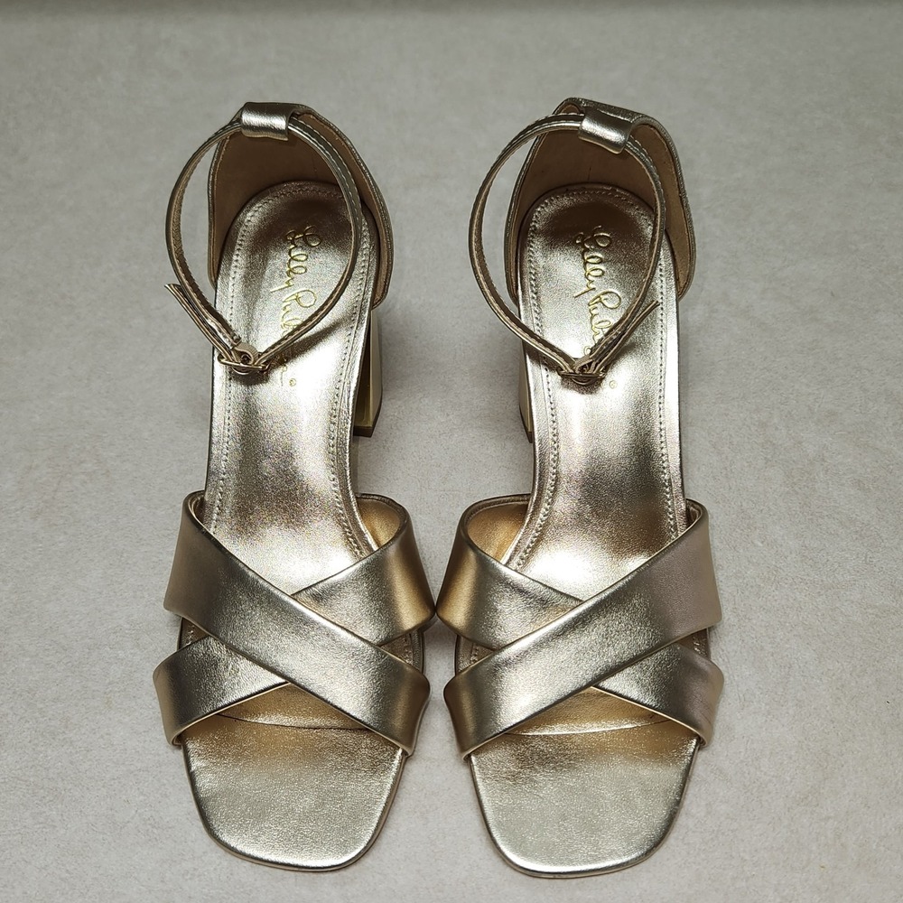 Lilly Pulitzer‎ Gold Metallic Leather Block Heel Ankle Strap Sandals Womens 7M